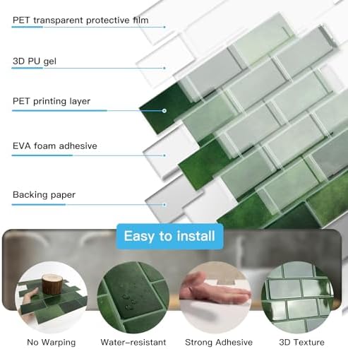 Art3d 10-Pack Subway Tiles Peel and Stick Backsplash, Green, 12 x 12 Inch - Image 6