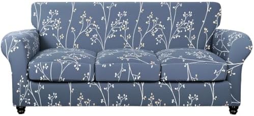 SearchI Stretch Sofa Cover Printed Couch Cover, Floral Pattern 4 Pieces Sofa Slipcover with 3 Separate Cushion Cover, Washable Furniture Protector for Living Room(Sofa, Gray Blue) by SearchI