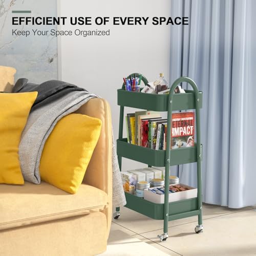 EAGMAK 3 Tier Utility Rolling Cart, Metal Storage Cart with Handle and Lockable Wheels, Multifunctional Storage Organizer Trolley with Mesh Baskets for Kitchen, Living Room, Office, Garage (Jungle) - Image 7