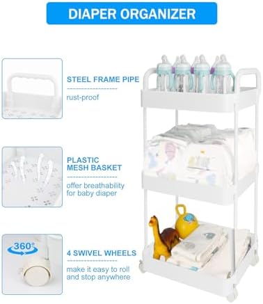 Volnamal Diaper Caddy Cart, 3-Tier Plastic Rolling Cart with Handle, White - Image 3
