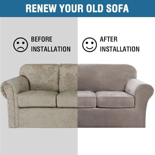 H.VERSAILTEX High Stretch Sofa Slipcover 4 Piece Cover Velvet Furniture Protector Form Fit Thick Velvet Extra Large Sofa Cover for 3 Cushion Couch Width Up to 97 Inch (Large Sofa, Taupe) - Image 7