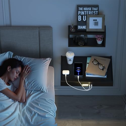 TEAMIX Floating Nightstand with Charging Station, Wall Mounted Folding Bedside Shelf Combo Nightstand with Led Light USB Type C Ports, Space Saving Bed Side Tray Storage for Bedroom, Living Room, Dorm - Image 2