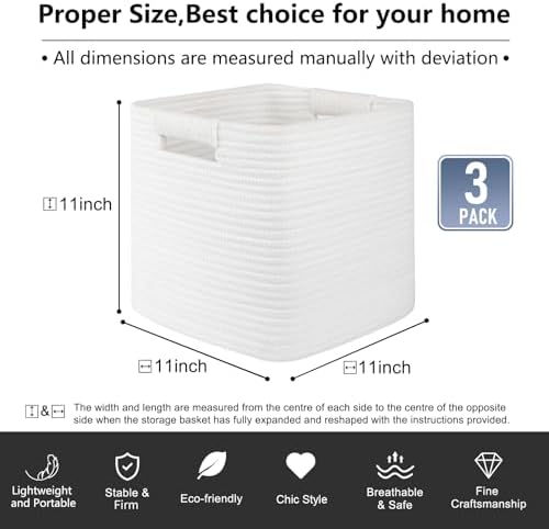OIAHOMY Storage Cubes 11 Inch Storage Bins 3-Pack Square Baskets White - Image 3
