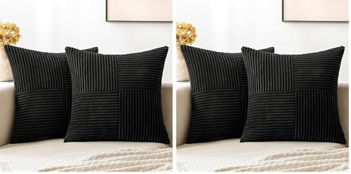 MIULEE Black Decorative Throw Pillow Covers 18x18 Inch for Couch Bed Sofa Pack of 4 Boho Farmhouse Throw Pillows Soft Cross Corduroy Patchwork Textured Cushion Cases by MIULEE
