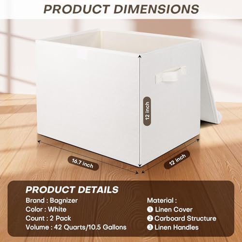 Bagnizer Large 42 Quarts Fabric Storage Bins with Lids [2-Pack] Linen Collapsible Foldable Storage Cubes, Closet Organizer Containers boxes with Handles for Home Office (16.7 x 12 x 12, White) - Image 2