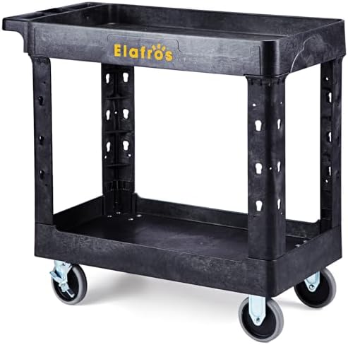 ELAFROS 2-Tier Heavy Duty Rolling Cart, 34 x 17 in, 2 Fixed 2 Swivel, Black by ELAFROS