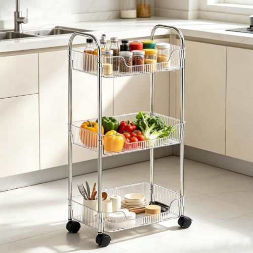 3 Tier Storage Organizer Rolling Utility Cart with Clear Baskets & Wheels - Image 3