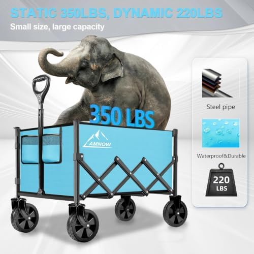 AMNOW 100L Collapsible Wagon Cart with All Terrain Wheels, 350LBS, Blue - Image 2