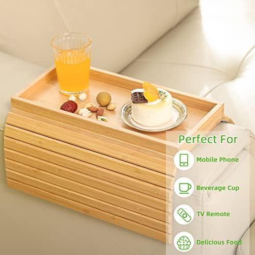 GEHE Bamboo Sofa Arm Tray, Foldable Couch Arm Tray Side Table, Anti-Falling Armrest Tables Cup Holder for Snacks, Drinks, Beers, Phone, Control, Flexible and Portable, Anti-Slip - Image 3