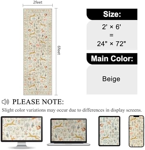 DUKINO 2x6 Runner Rug, Washable Animal Kitchen Rugs Non Slip, Beige - Image 2