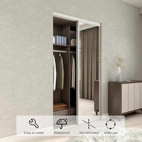 JUBEST Mirrored Closet Door 36 x 80, One Side Mirror Panel with Top & Bottom Track Kits, Full Length White Steel Frame Sliding Mirror Door, Easy to Install - Image 2