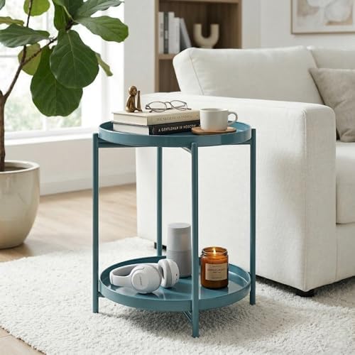 TeoKJ 2 Tier Round Side Table, Folding Round Metal End Table Small Nightstand with Two Removable Tray for Bedroom Living Room Bedside Small Spaces Blue Gray - Image 4