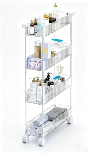 4-Tier Plastic Rolling Utility Cart with Wheels, Multifunctional Storage Organizer Cart for Home, Office, Kitchen & Bathroom, Ultra Narrow & Clear, 4.7”W * 12.8”L * 33”H by Unknown