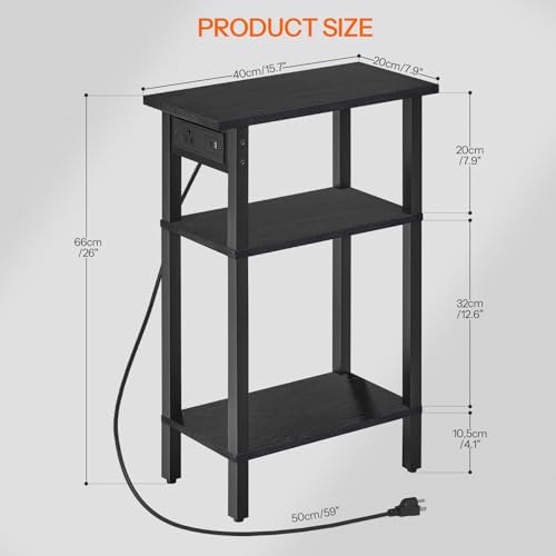 HOOBRO Narrow Side Table, 3-Tier Slim End Table with Charging Station, Skinny Nightstand with Open Storage, for Small Spaces, Living Room, Bedroom, Study, Rustic Brown and Black BB340UBZ01 - Image 3