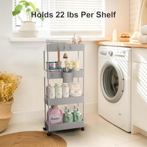 Pipishell 4 Tier Slim Storage Cart with Wheels, Laundry Cart, Gray - Image 4