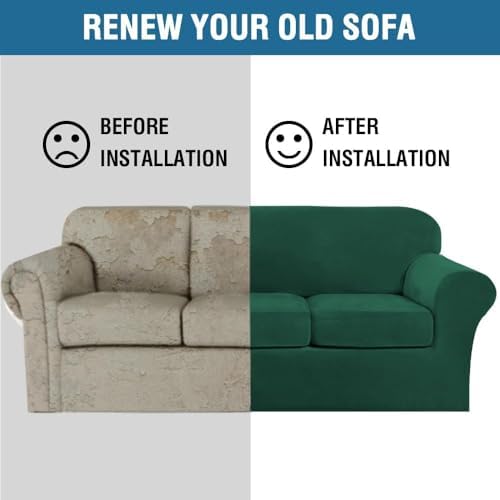 H.VERSAILTEX High Stretch Sofa Slipcover 4 Piece Cover Velvet Furniture Protector Form Fit Thick Velvet Extra Large Sofa Cover for 3 Cushion Couch Width Up to 97 Inch (Large Sofa, Green) - Image 7