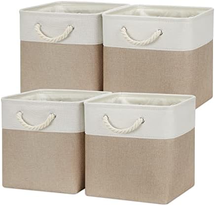 Temary 4 Pack Cube Storage Bins Cloth Baskets for Shelf, Fabric Storage Cubes 12 x 12 Baskets Gift Empty Basket with Handles, Basket for Storage (White&Khaki) by TEMARY