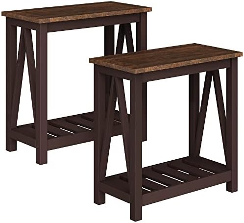 ChooChoo Farmhouse End Table, Rustic Vintage Narrow End Side Table with Storage Shelf for Small Spaces, Nightstand Sofa Table for Living Room, Bedroom Espresso 2 Pack by ChooChoo
