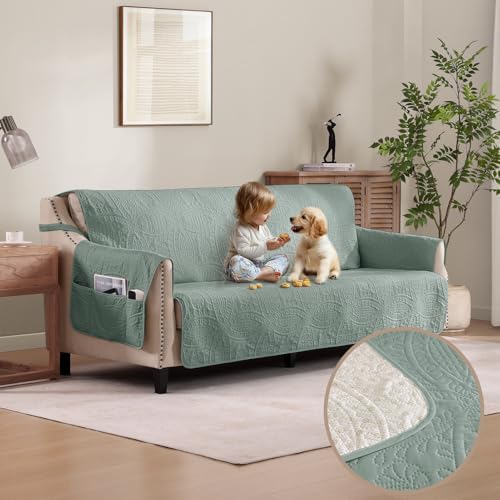 Sage Blue Quilted Sofa Cover, Anti-Slip Medallion Designed Couch Covers for 3 Cushion Couch, Sofa Slipcovers for Dogs Cats Water-Repellent, Machine Washable (Large Sofa 68", Sage Blue) by Pamhaven