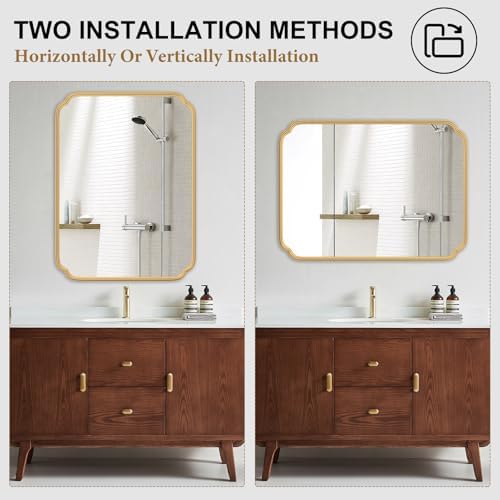 Ferytange 30" x 40" Gold Bathroom Mirror for Over Sink, Modern Rounded Corner Rectangle Wall Mirror for Bathroom Vanity Decorative with Non-Rusting Iron Metal Framed (Horizontal/Vertical) - Image 6