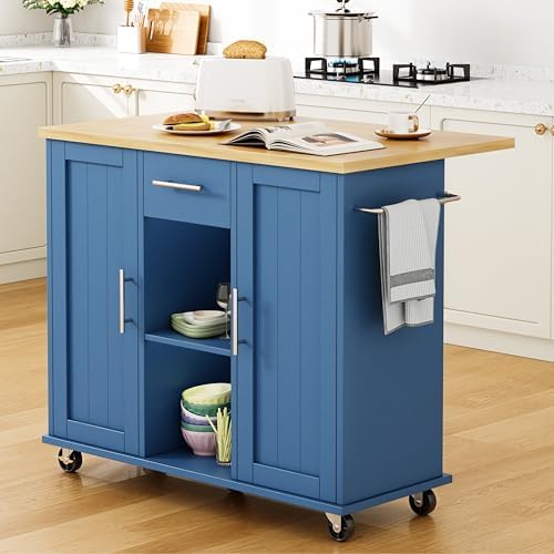 Shintenchi Kitchen Island with Storage, Bar Cart Cabinet Island Table on Wheels, Rolling Microwave Cart for Kitchen with Drop Leaf, Drawers, Towel Rack, Seating Area for Dining Room, Blue by Shintenchi%7CFurnitureMadeforRealLife