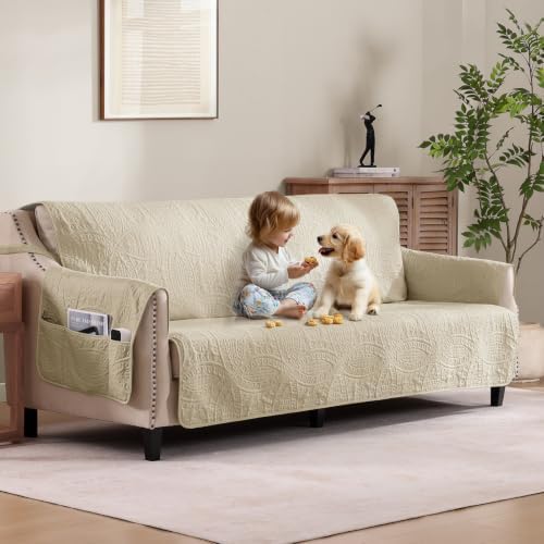 Quilted Grand Sofa Covers Washable, Couch Cover for Grand Sofa, Soft Cozy Couch Protector for 4 Cushion Couch, Oversized Grand Sofa Slipcovers Water-Repellent (Grand Sofa 88", Camel) by Pamhaven