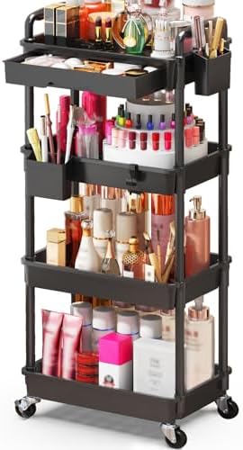 SUNALLY Makeup Cart Organizer with Drawer,4 Tier Rolling Makeup Cart, Black by SUNALLY