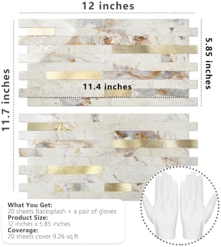 STICKGOO 20 Sheets Peel and Stick Backsplash Tile, Stick on Backsplash for Kitchen and Bathroom, Pandora Marble Look PVC Mixed Metal Gold Self Adhesive Wall Tiles - Image 7