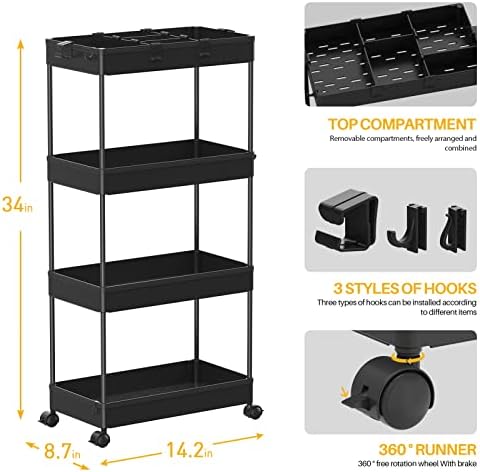 SPACELEAD 4 Tier Rolling Cart with Wheels, Storage Craft Art Trolley Organizer Serving, 3 Hanging Baskets Easy Assembly, for Office, Living Room, Kitchen - Image 3