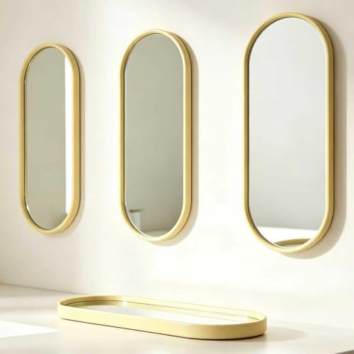 3 pcs Wall Mirrors and Tray Décor Set, Cute Vanity Mirrors with Gold Frame, Bathroom Decor for Bedroom, Entryway, Living Room Farmhouse Decor (12”x4,7”) - Image 3