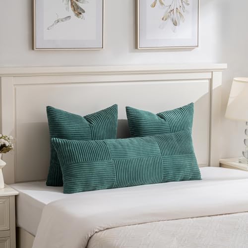 Fancy Homi Set of 2 Teal Boho Long Lumbar Body Decorative Throw Pillow Cover 14x36 Inch for Bed Couch Bedroom Bench, Soft Patchwork Corduroy Textured Pillow Case, Rustic Farmhouse Room Décor - Image 2