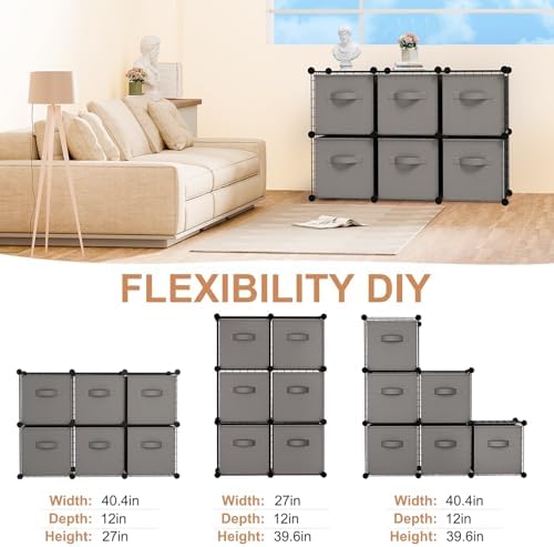 Leinuosen 6 Cube Storage Organizer with 6 Foldable Fabric Storage Bins, Metal Wire Grid Shelves, Stackable Modular Closet Organizer for Bedroom Living Room Office Toys Books(Black,Gray) - Image 4