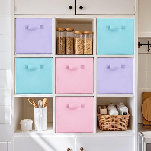 11 Inch Fabric Storage Cubes, Sturdy Foldable Storage Bins, Heavy Duty Cube Organizer for Clothes, Blankets, Shelves, Closets, Bedroom, Living Room, Multi-Color, 6 Pack - Image 5