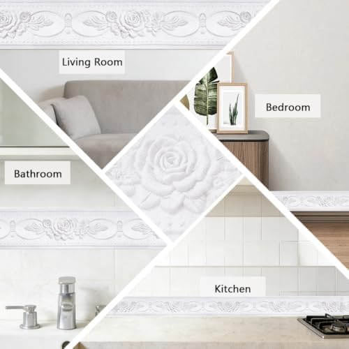3D Wallpaper Border Floral White Wall Border Trim 197 x 4 Inch Elegant Rose Flower Pattern PVC Decorative Molding Peel and Stick Tiles Stickers for Bathroom Laundry Kitchen Home Decoration - Image 5