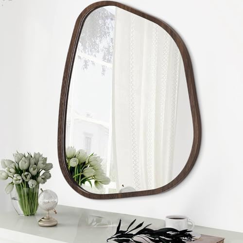 Asymmetrical Wall Mirror Irregular Wood Frame Modern Unique Wall-Mounted Artistic Wavy Mirror Decor Bathroom Vanity Bedroom Living Room Entryway Hallway 14"x10" by HLFMVWE