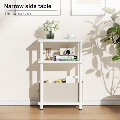 Apicizon Narrow Side Table with Fabric Basket, 3-Tier End Table, White - Image 4