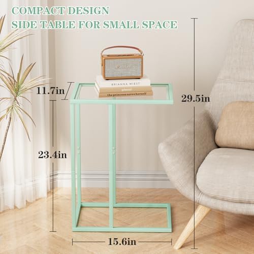 Easy Paws C Shaped Table,Glass Side End Table for Sofa,Tempered Glass Snack Couch Dinner Tv Tray Table with Metal Frame,Small Bedside Nightstand Table for Small Space(Green) - Image 3