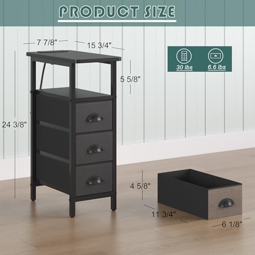 sthmec End Table with Charging Station,LED Side Tables with USB Ports and Outlets,Skinny Bedside Tables with 3 Drawers,Small Tabls Nightstands for Small Space,Slim Sofa Table for Livingroom,Black - Image 3