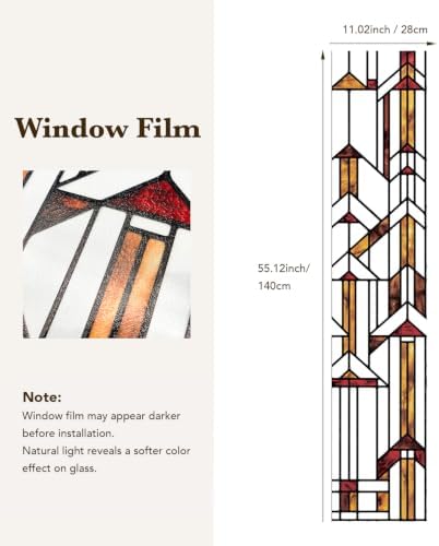 Faux Stained Glass Effect Window Privacy Film, Original Hand Drawn Static Cling for Sidelight Door Glass Decor Inspired by Frank Lloyd Wright, 11.02" x55.12" Hollyhock House, Boho - Image 5