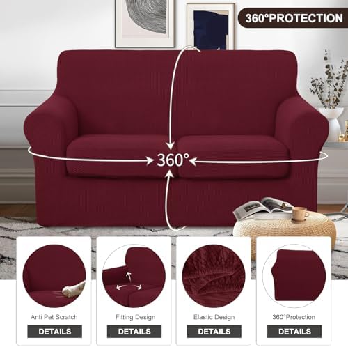 U-NICE HOME 3 Pieces Stretch Loveseat Couch Cover, Burgundy - Image 4