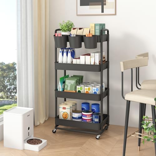 JIUYOTREE 4-Tier Plastic Rolling Storage Cart Utility Cart with Extra Hanging Cups Handles Lockable Wheels for Living Room Bathroom Kitchen Office Black - Image 4