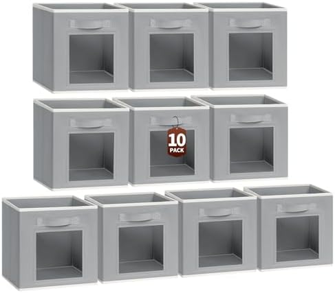 Homsorout Foldable Storage Cubes - Cubby Storage Organizer with Window, 11 Inch Baskets for Organizing, Collapsible Fabric Storage Cubes for Shelves, Closet, 10 Pack, Grey by Homsorout