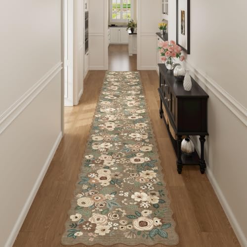 DUKINO 2x14 Hallway Runner Rug, Floral Washable Kitchen Rug, Light Taupe - Image 5