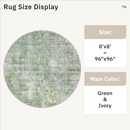 Soalmost Round Rugs 8ft Living Room Circle Area Rug 8x8 Green/Ivory Vintage - Image 5
