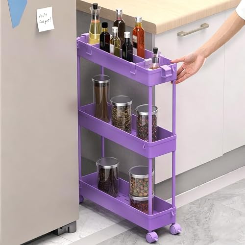 SPACELEAD Slim Storage Cart 3 Tier,Bathroom Organizer Rolling Utility,Mobile Shelving Unit Slide Out for Office, Kitchen, Laundry Room & Narrow Places,Purple - Image 2