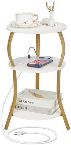 Small Round Side Table with Charging Station, 3-Tier Waist Circular End Table with Storage Shelf, Compact Tea Sofa Side Table Small Spaces, Round Corner Coffee Table for Living Room Bedroon,White+Gold by YEAKOO