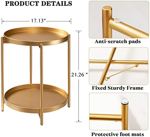 TeoKJ 2 Tier Gold Side Table, Folding Round Metal End Table Small Nightstand with Two Removable Tray for Bedroom Living Room Small Spaces Bedside Gold - Image 3