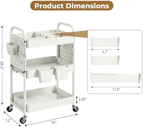 danpinera Craft Cart, Black Rolling Cart with Retractable Dividers & DIY Pegboards for Kitchen, Bedroom, Laundry - Image 2