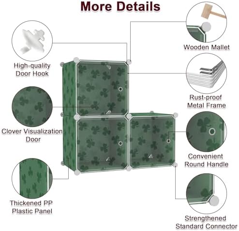 C&AHOME Clover Embossed Storage Organizer with Doors 3-Cube Shelf Green - Image 7