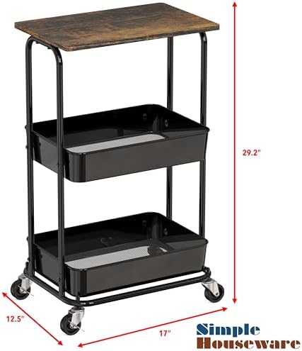 Simple Houseware 2-Tier Utility Cart Wood Top/Lockable Wheel, Rustic Brown - Image 3